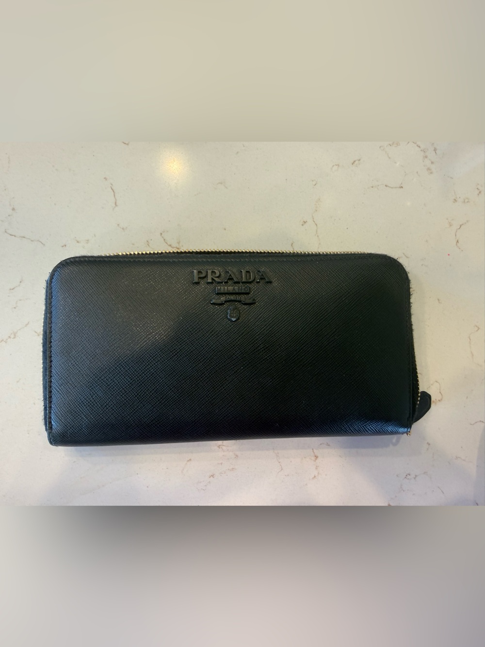 Prada Black Saffiano Leather Zip-Around Wallet with Gold Zipper